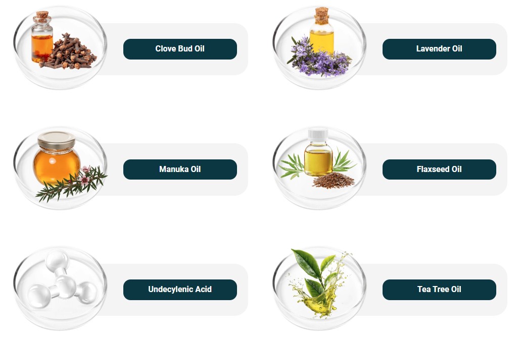 Kerafirm Pro ingredients: clove bud oil, lavender oil, manuka oil, flaxseed oil, undecylenic acid and tea tree oil
